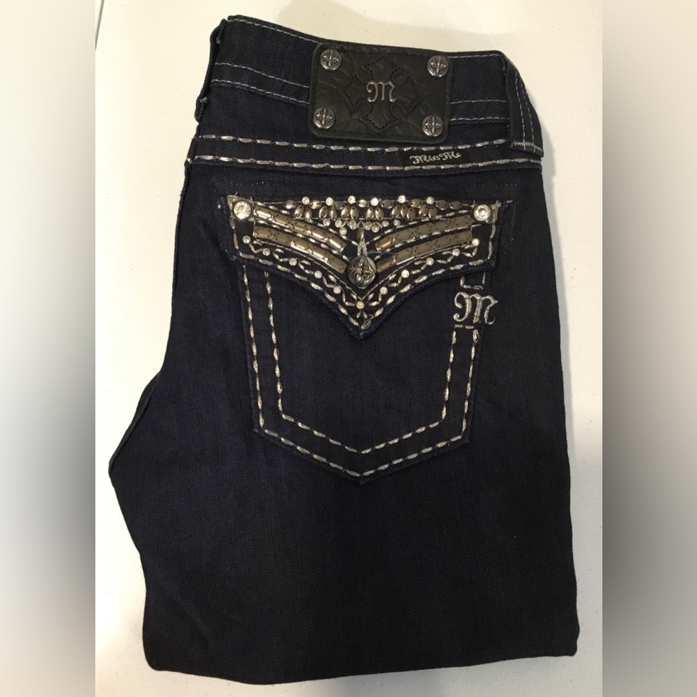 Miss Me Dark Indigo Straight Jeans with Jeweled Back Pockets, New without Tag